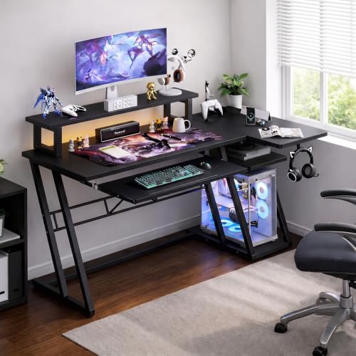 Image of Gaming Desk with Monitor Stand | Computer Table for Home & Office | Ergonomic Study Table with Keyboard Tray CPU Stand & Headphone Hook (Black) |120x60x90 cm