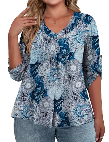 FOLUNSI Womens Plus Size 3/4 Roll Sleeve Blouses V Neck Casual Tunic Tops2