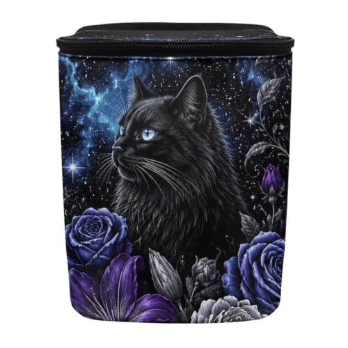 Image of Talayituse Galaxy Black Cat Flower Print Car Trash Can with Lid, Leak Proof Auto Trash Bag Hanging Vehicle Garbage Can Multipurpose Storage Container for Back Seat Road Trip Halloween Decor