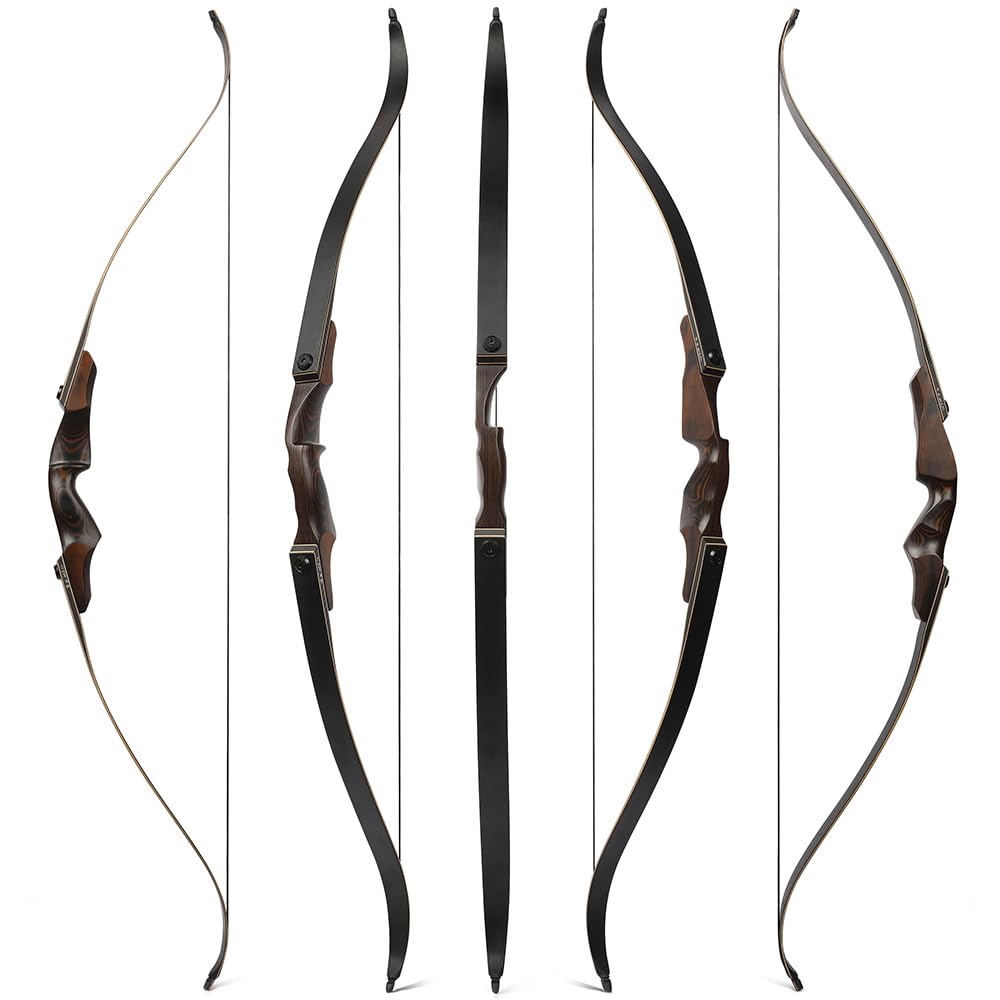 Set arco ricurvo smontabile da 60 pollici potenza 60 lbs, manico legno tecnico 15 pollici, completo di frecce per caccia outdoor e allenamento bersaglio