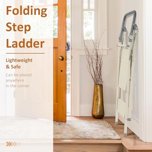 Elevon Step Stool, Metal Two Step Ladder Step Stool with Wide Pedal for Kitchen Counter Bathroom Sink, Grayish White