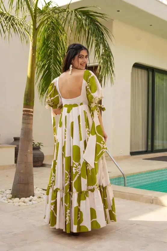 Image of Women Floral Printed Tiered Maxi Dress with Puff Sleeves, Empire Waist, Tie-Up Detail, Flared Long Dress for Casual Wear, Summer Outings, Vacation & Resort Wear - Causal Gown for Women