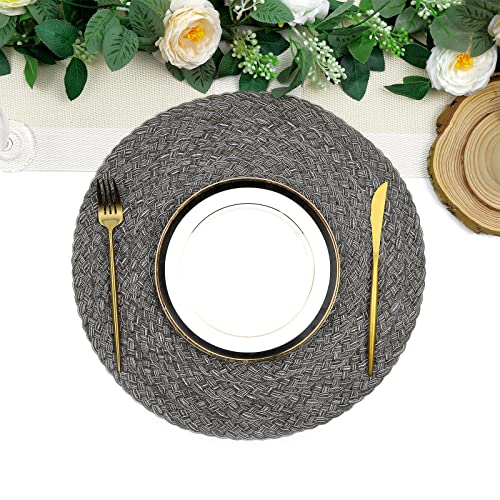 Image of SHACOS Round Braided Placemats Set of 6 Thick Woven Placemats Washable 15 inch Circle Place Mats Non Slip Table Mats for Dining Table, Gray White