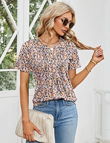 Micoson Blouses For Women Fashion 2023 Work Shirts For Women Pleated Pink Floral Tops Short Sleeve Peasant Casual Blouses L #TOP4