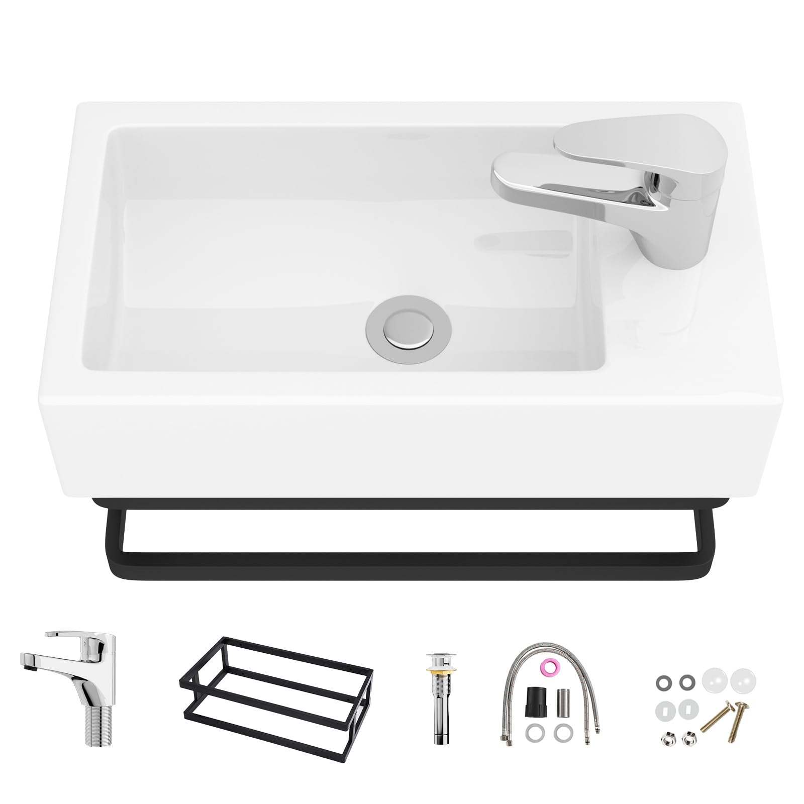 Wall Mount Bathroom Sink Combo - Geworzi Small Bathroom Sink, Cloakroom Basin Hand Wash Basin, White Rectangular Ceramic Sink Washbasin - Right Hand Sink Set 460x270x127(Include Pop-up Drain & Faucet)