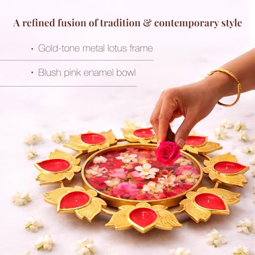Image of Blush Pink Enamel & Gold Lotus Urli Bowl | Decorative Metal Centerpiece for Floating Candles & Flowers | Modern Home Decor for Diwali, Pooja, & Table Accent