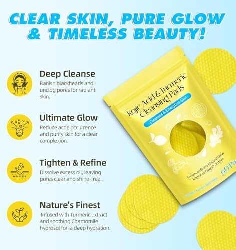 Image of Kojic Acid and Turmeric Cleansing Pads - 60 Count, Mild and Non-Irritating, Suitable for All Skin Types, Gentle Exfoliating Facial Pads