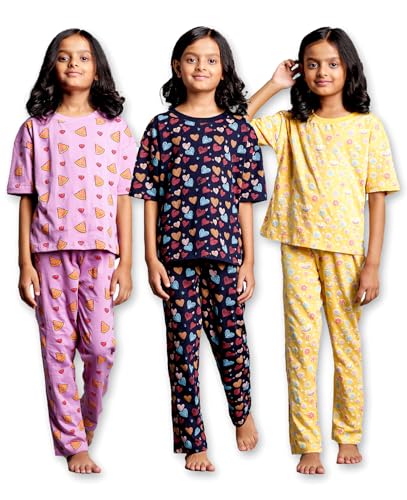 Image of T2F Girls Cotton Printed Pajama Set (Pack of 3)