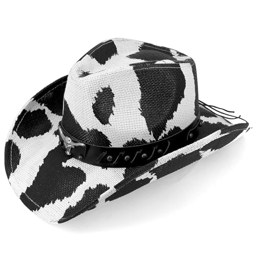 Cow Print Cowboy Hat for Men's Women's,Straw Western Cowgirl Hat with Unique Metalbull Hatband Black and White Bachelorette Party Hats