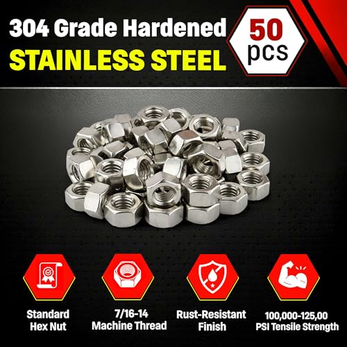 Image of Stainless 7 /16-14 Hex Nuts, 304 Stainless Steel, 50 Pieces (7 /16-14 Hex Nuts)