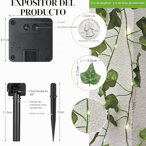 Miniatura 3 de A.Bigwhale Cadena De Luz Led Solar, Guirnalda De Hiedra Artificial, 1 Pieza De Plantas Colgantes Con 60 Leds Cadena De Luz Solar Para Exteriores, 8 Modos, Hiedra Falsa Impermeable