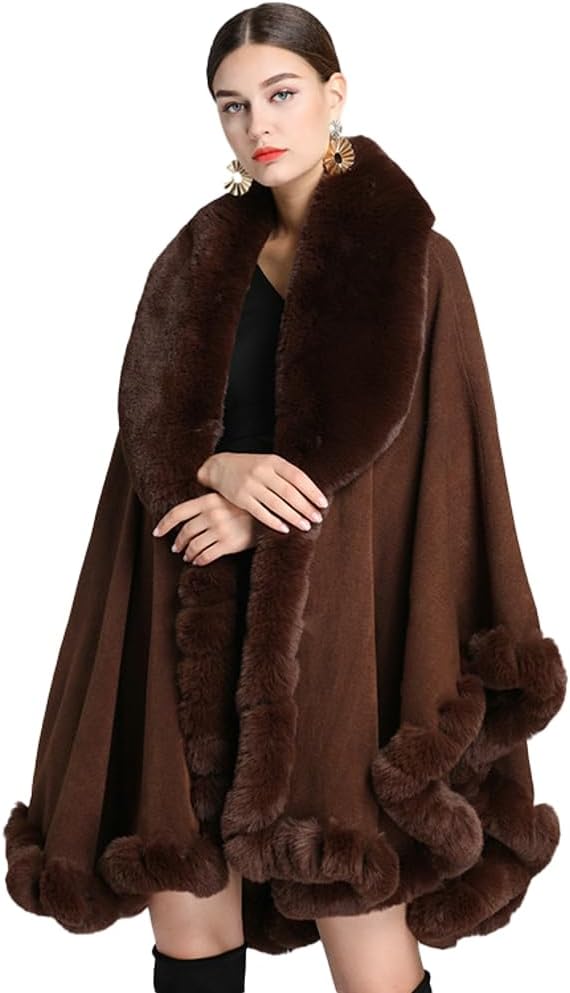 Women Poncho Cape Faux Fur Collar Knitted Cardigan Sweater Batwing Long Sleeve Shawl Wrap Coat Oversized Cloak