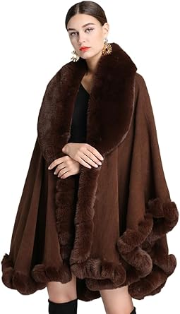 Women Poncho Cape Faux Fur Collar Knitted Cardigan Sweater Batwing Long Sleeve Shawl Wrap Coat Oversized Cloak