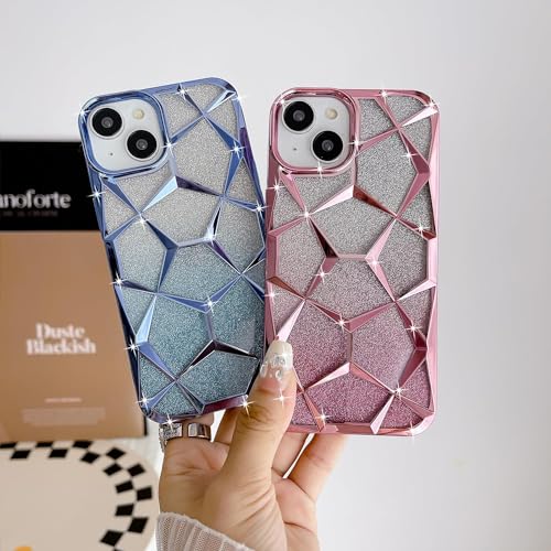 Image of Elzzi Gradient Glitter Cover Compatible with iPhone 15 Case, Luxury Electroplated Geometric 3D Cube, Diamond Bling Shiny Soft TPU Clear Shockproof Women Girls Protective Phone Cover (Pink)