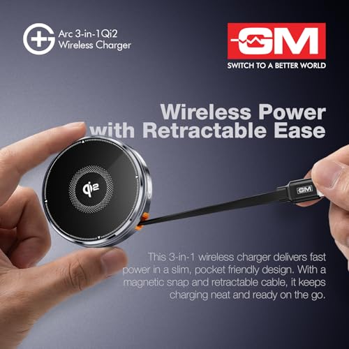 Image of GM G+ Arc Wireless Charger |15W Fast Charging for iPhone 12 /13 /14 /15 /16 /17, AirPods Pro /3 /2, All Apple Watch Series,Advanced Qi2 Chipset | 90cm Built-in Retractable Cable | Pocket-Friendly Stand