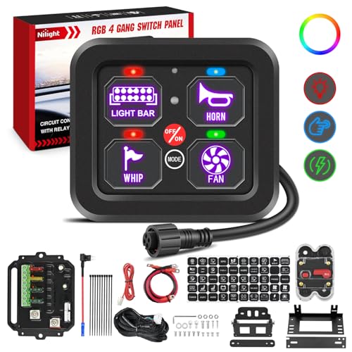Image of Nilight 4 Gang Switch Panel RGB 12V 24V Circuit Control Relay System | Fuse Wiring Harness Automatic Dimmable LED Pod On /Off Momentary Strobe Modes Universal for Car Pickup Truck Camper SUV