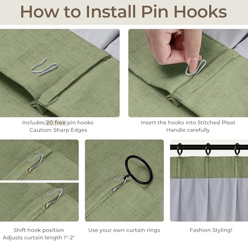 Pinch Pleated Blackout Curtains 90 Inch Long, Linen Blend, 100% Blackout Drapes with 20 Hooks, Ideal for Bedroom and Living Room, 40" W x 90" L (Pack of 2), Sage Green