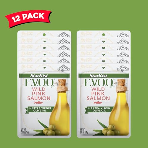 Image of StarKist E.V.O.O. Wild-Caught Pink Salmon, 2.6oz Pouch, 12-Pack | 14g of Protein Per Serving, Features Extra Virgin Olive Oil, Wild Caught Tuna, Gluten Free, Soy Free, Omega 3s