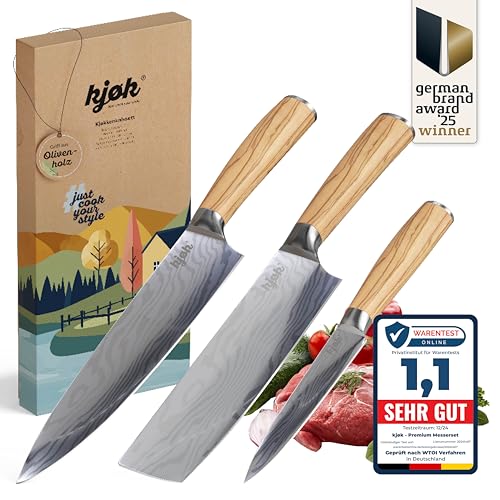 kjøk Premium Messerset Härte 58±2 HRC Asia Küchenmesser Set 3-tlg hochwertig mit Damastmesser-Muster und Olivenholzgriff professionelles...