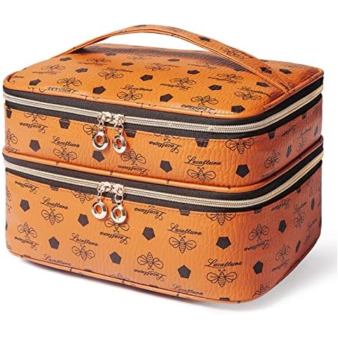 LACATTURA Double Layer Makeup Bag for Women, Leather Travel Toiletry Bag, Large Cosmetic Case with Adjustable Divider, Portable Make Up Organizer, Brush Holder, Beauty Storage Bags for Girls, Brown Cover