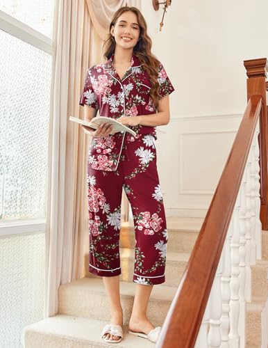 Image of Ekouaer Capri Pajamas for Women Short Sleeve Button Down Sleepwear Comfy Lounge Set 2-Piece Pants Pjs | Capri Pants With Pockets,Chest Pocket,Notch Collar,Contrast Pipings,Sleepwear For Home Loungwear,Wedding,Party&Breastfeeding