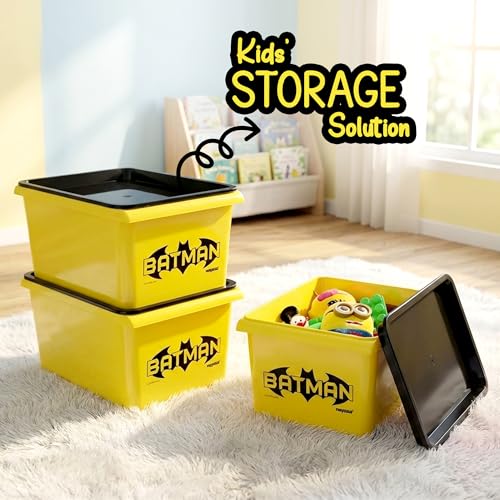 Image of Nayasa Stack N Store Batman, Small, 5 ltrs | DC Superhero Print Plastic Storage Boxes Set of 3 with Lid | Side Handles | Stackable Multipurpose Organizers | Strong & Durable | Yellow