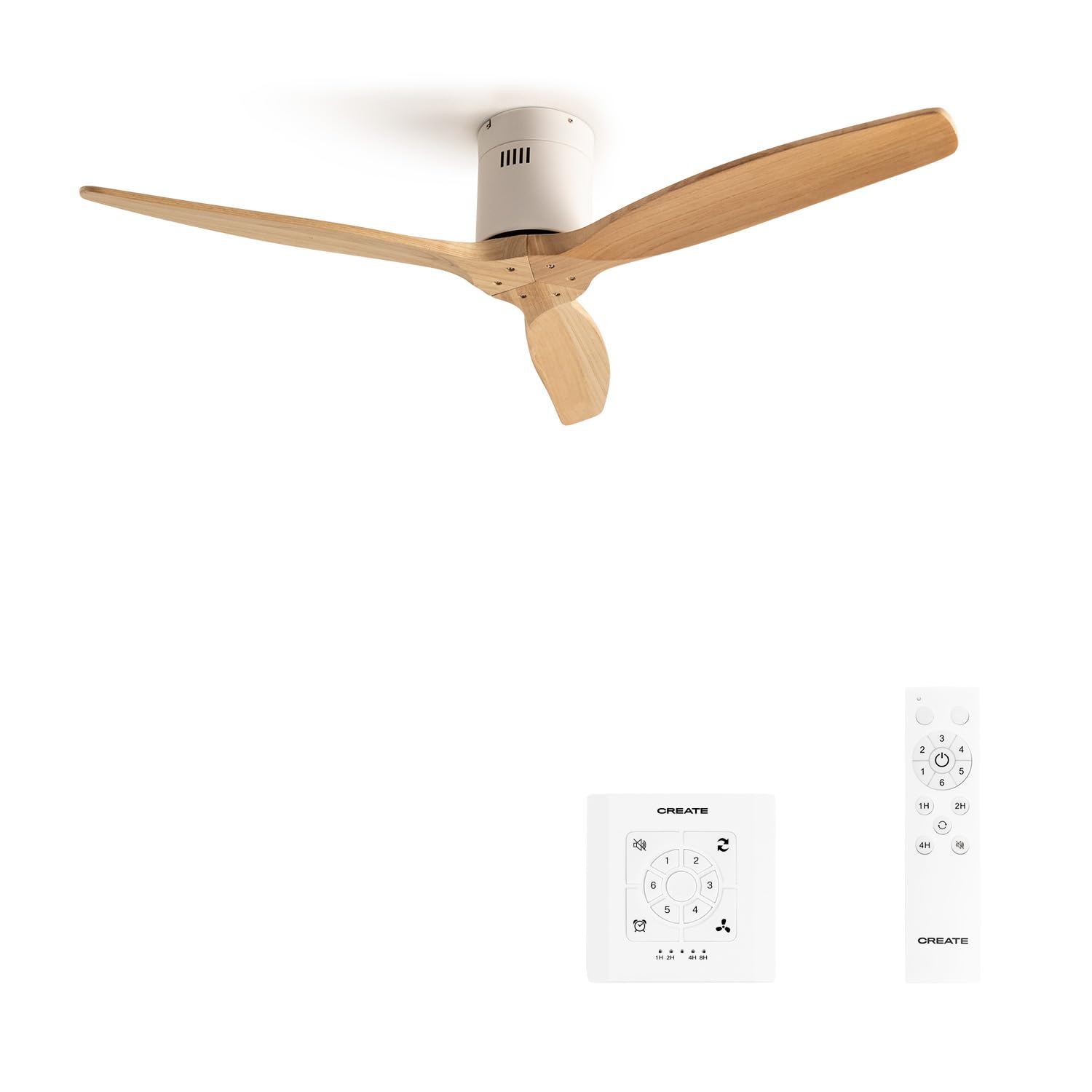 CREATE / WINDCALM M/Ventilateur de plafond ABS avec télécommande et contrôleur mural blanc pales effet bois clair / 40W, Silencieux, Ø132 cm, 6 vitesses, minuterie, fonction été hiver