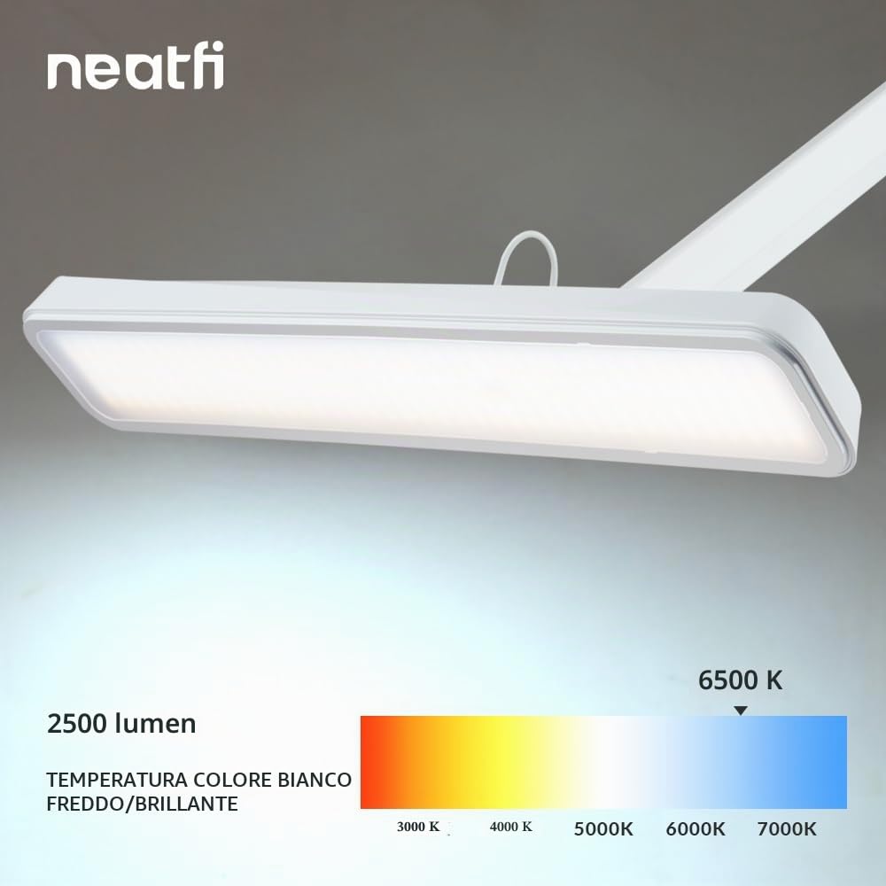 Neatfi XL Lampada da Lavoro LED per Tavolo Manicure, Hobby, Banco da Lavoro e Ufficio – Luce da Scrivania con Testa da 56 cm | 4 Livelli di Luminosità (Bianco, Non-CCT con morsetto)
