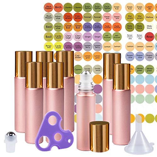 Rose Gold Ultimate Essential Oil Roller Bottles Set With Stainless Steel Balls, 8 Pack 10ml Leakproof Glass Bottle With 9 Rollerballs For Perfume & Aromatherapy Oils 1 Funnel + Opener & 192 Labels