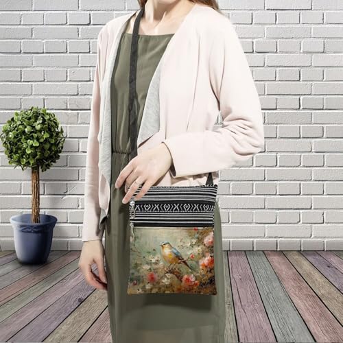 Oil Painting Floral Bird Messenger Bag Small Ethnic Pattern Printed Adjustable Strap Crossbody Zipper Bag Oil Painting Floral Bird Phone Bag Wallet Cute Shoulder Handbag for Women Friends -43