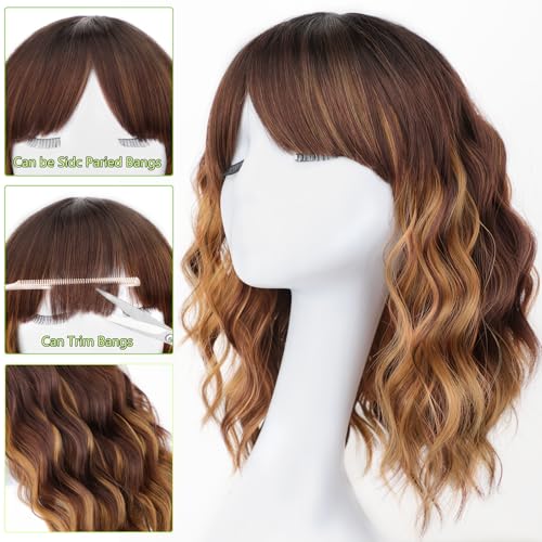 Image of AISI HAIR Curly Bob Wig with Bangs Ombre Brown Mix Blonde Color Short Wavy Wigs for Women Bob Style Synthetic Heat Resistant Bob Wigs