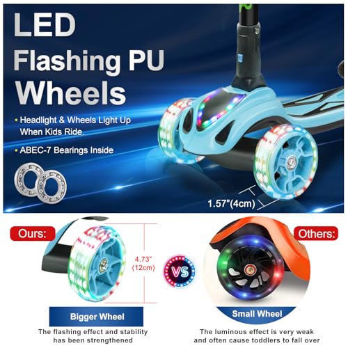 Image of 3 Wheel Scooter for Kids, Toddler Scooter with Bluetooth Music Speaker Steam Sprayer LED Lights Aluminum Alloy T-Bar, Folding Kick Scooters for Boys Girls Ages 3-10