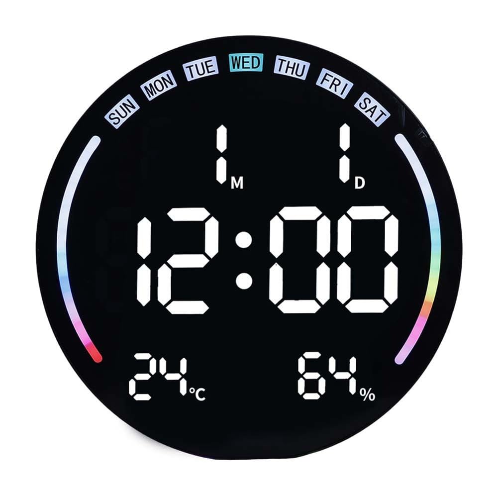 Große LED Wanduhr mit Thermometer Hygrometer, für Auto-Dimmen Helligkeit, Countdown-Timer, Nachtlicht Wohnzimmer
