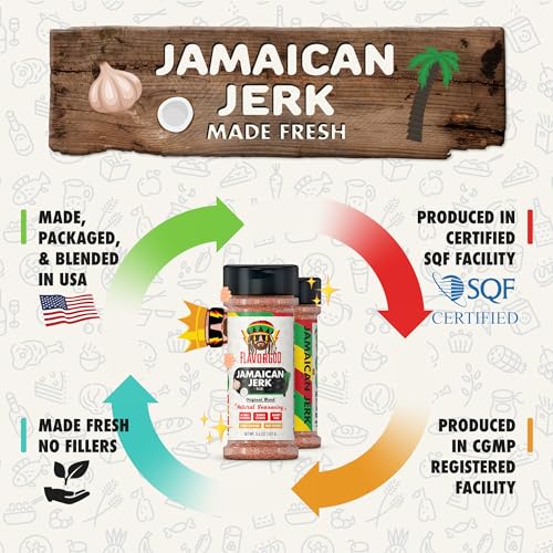 Image of Flavor God 2 Bottles Jamaican Jerk Rub Mix Natural Healthy Spice Blend For Grilling Chicken, Beef, Seafood, Vegetables, Salad, Tacos, Pizza, Kosher, Gluten & Dairy Free, Vegan Keto Friendly Steak Rub