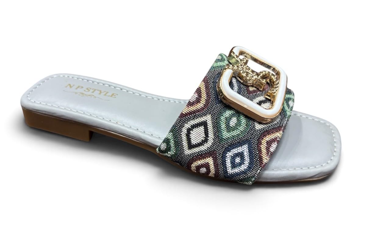 NP Style Women's Flat Slide Sandals with Geometric Print Strap-image-41