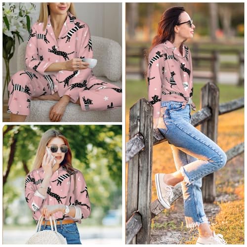 Image of Women'S Long Sleeve Pajama Set Soft Loungewear Button-Down Top & Elastic Waist Pants S- 2XL