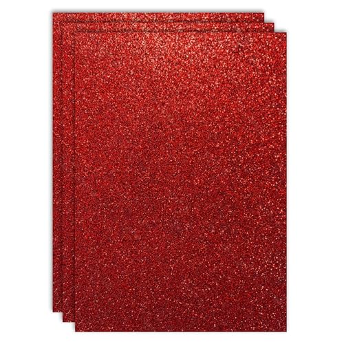 RAYLU PAPER - Farbige Glitzer-Kartons in A4-Größe und 200 g/m² Dicke, Blätter aus Karton mit Glitzer für Bastelarbeiten, 3 Stück (rot)