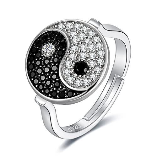 JewelryPalace Bague Naturelle Spinelle Noire Yin Yang en Sterling Argent 925 Pour Fille, Bagues Reglable Pierre Anneau Ouverte Femme Zircone Cubique, Ensemble Parure de...