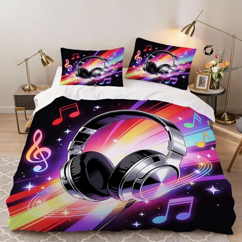 Funda Nórdica 200x200 cm Auriculares de Música Niño Chico Adolescente 3 Piezas Ropa de Cama Microfibra Ilustración Rock Funda Edredon con 2 Fundas de Almohada