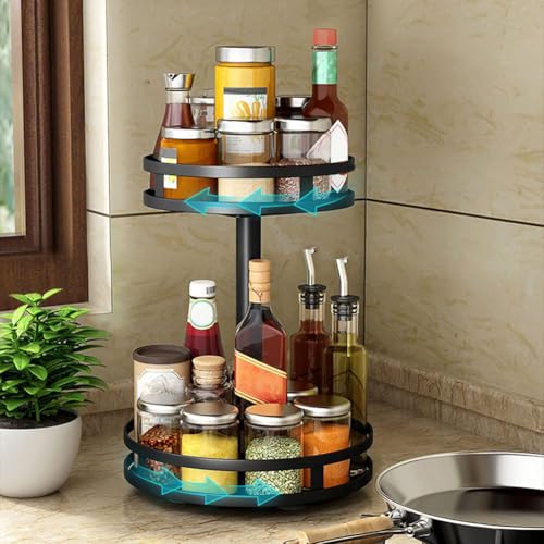 YunNasi Gewürzregal Drehbar 2 Etagen Schwarz Lazy Susan Küchenregal Stehend für Arbeitsplatte Küchenorganizer Eckregal Ohne Bohren