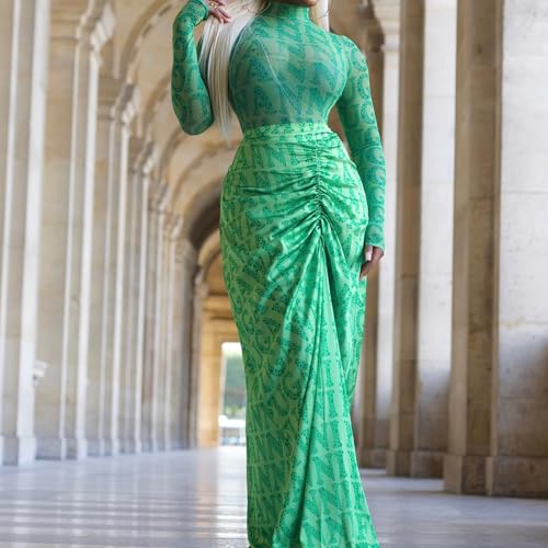 Women's 2 Piece Long Sleeve Mesh Turtleneck Top and Pleated Bodycon Maxi Skirt Going Out Outfits3