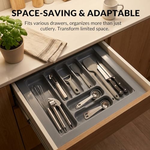 Image of SmartSlide 600 MM Cutlery Tray For Kitchen Drawer Modular Kitchen Tandem Drawer Organizer Spoon Organizer 24 inch Cutlery Tray Adjustable Width & Depth Grey Non-Slip Surface (600 x 535 MM)