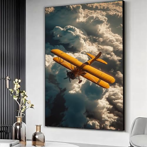 Tableau biplan jaune vintage decoration murale aviation ciel nuages cadre interieur 50x75 cm