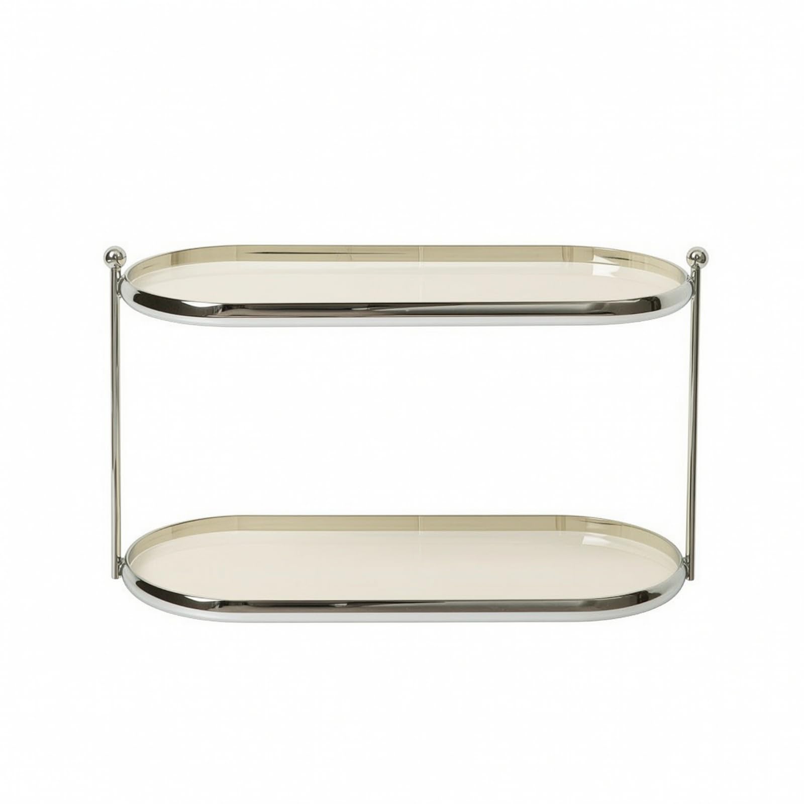 Estante de Almacenamiento de Dos Niveles Organizador de Joyas Cosméticos Maquillaje Perfumes Acrílico Ovalado con Marco Metálico Diseño Ligero, Beige, Estilo Crema, Dos Capas