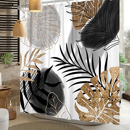 Ttincceer Boho Shower Curtain 60x72inch Abstract Black Gold Palm Leaves Shower Curtains for Bathroom Bohemia Mid Century Tropical Leaves Bath Curtains with Hooks Washable Bathtub Curtain - Image 4