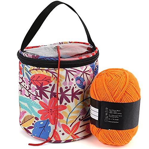 Coopay Yarn Storage Mini Yarn Bag for Crocheting with Holes, Empty Yarn Drum Knitting Bag Portable Yarn Holder, Small Travel Yarn Storage Organizer Case for Knitting & Crochet Supplies, Orange Leaves