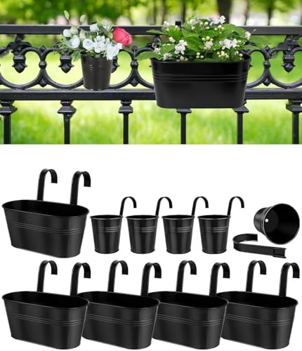 5 Pcs 27 CM Metal Railing Planter for Outdoor Plants – 5 Pcs 9.9 CM Balcony Hanging Flower Pots with Detachable Hooks, Drainage Holes, Oval Bucket Rail Box Fence Planters for Home Garden Décor, Black