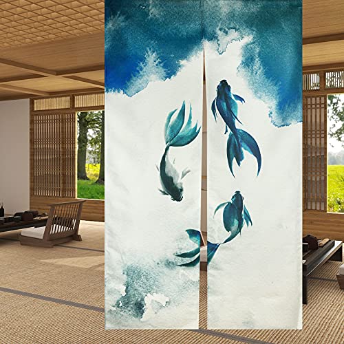 LIGICKY Chinese Ink Style Japanese Noren Doorway Curtain Thicken Koi Fish Printed Asian Window Treatment Hanging Door Tapestry for Sushi Kitchen Home Decoration 85 x 150 cm - Image 2