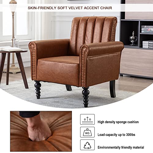 Ttgieet Pu Leather Accent Chair With Arms For Living Room, Modern Upholstered Armchair With Solid Wood Legs For Single Sofa Reading Club Chair Living Room, Bedroom, Office(Brown) #TOP5