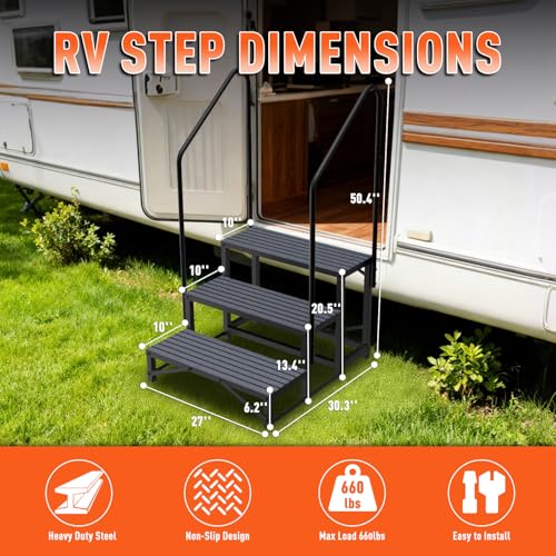 Image of 3-Step RV Steps with Dual Handrails, Heavy Duty Steel, 660 LBS Max Load